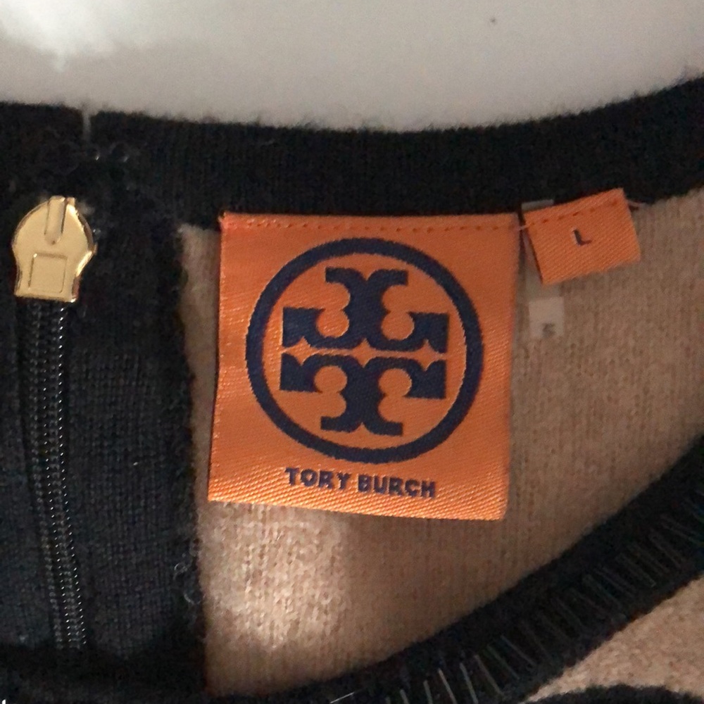 Tory Burch L Dress Black Tan Wool Soft Stretchy Bead Trim Cut out Zip Excellent - Picture 2 of 8